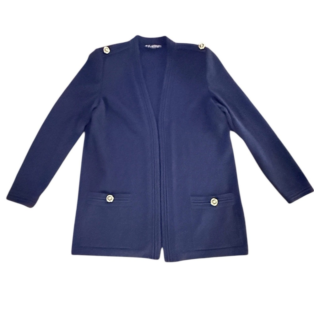 St John Basics Cardigan Santana Knit Blazer Large Gold Lion Logo Buttons Navy